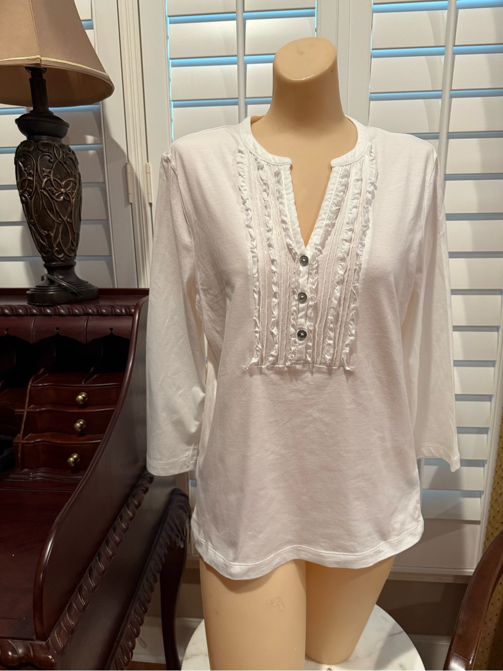 Chaps Ivory Ruffle-Trim Button Henley Top - Long Sleeve